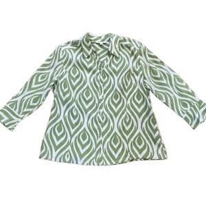 JM Collection Green White Swirl/Boho Print Button Down 3/4 Sleeve Linen Shirt 14